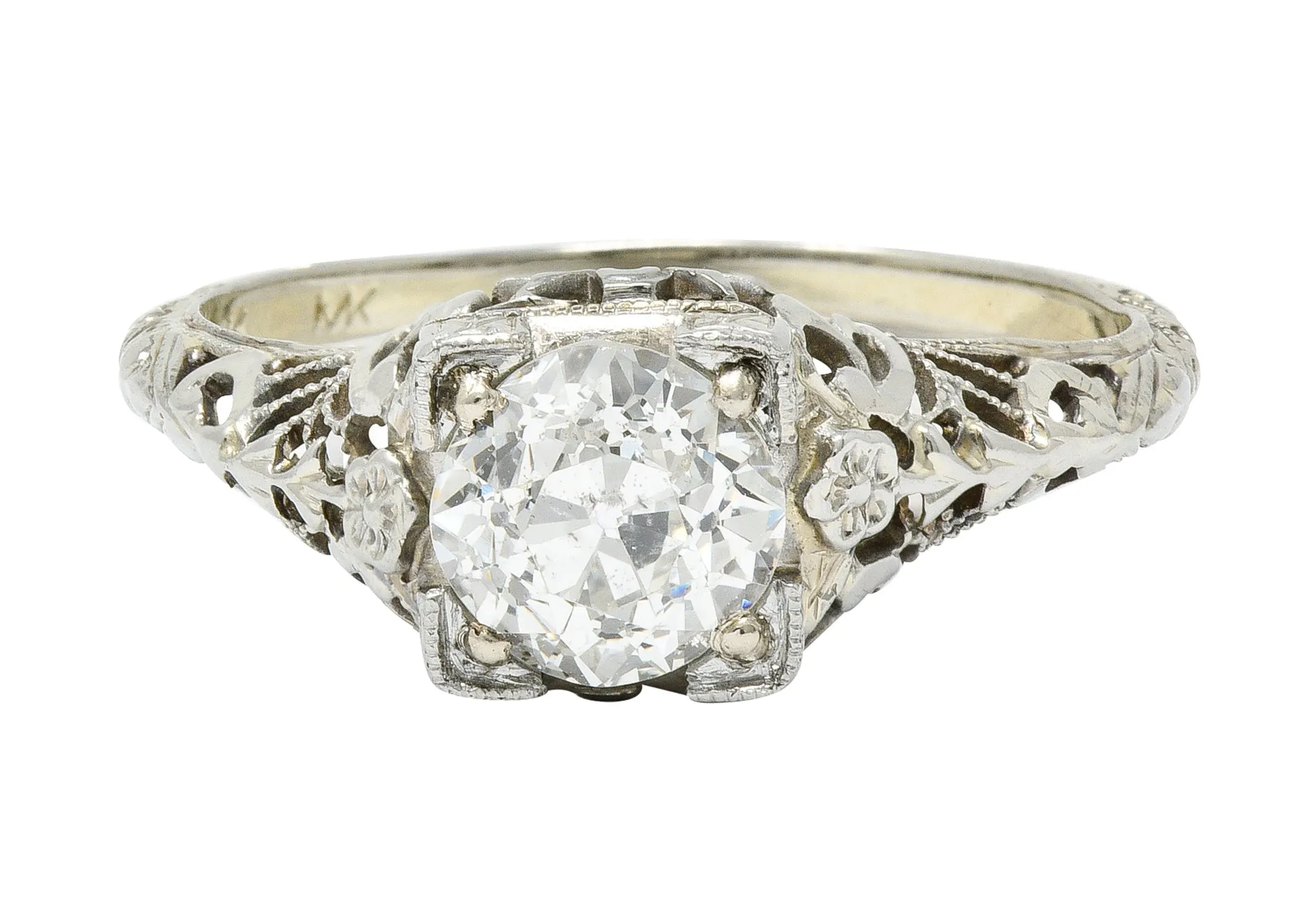 1930's Walter McKenna 1.00 CTW Diamond 18 Karat White Gold Floral Engagement Ring