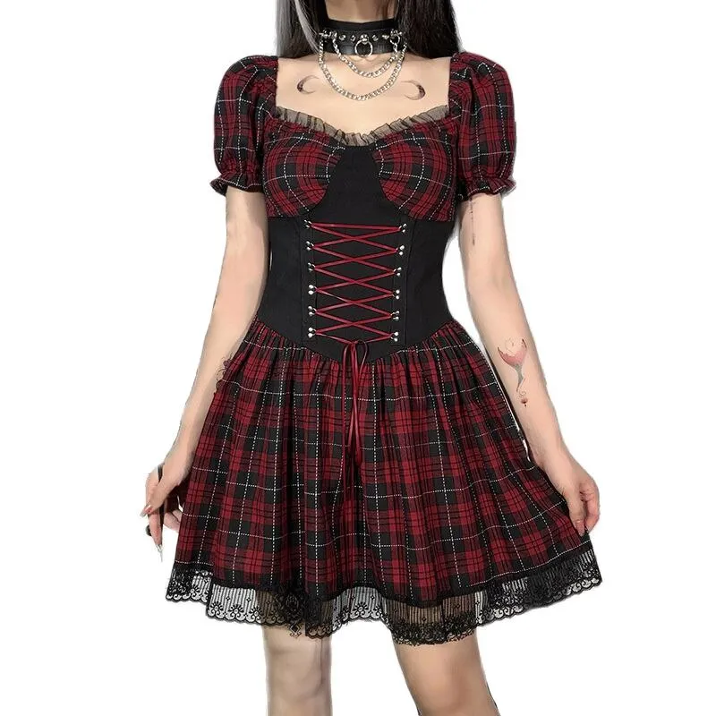 Aesthetic 90s Gothic Plaid Print Cotton Mini Dress Punk Y2k Harajuku Retro Vintage Girls Bandage Hip Hop Kawaii Streetwear