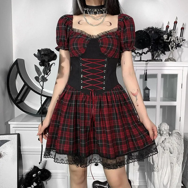 Aesthetic 90s Gothic Plaid Print Cotton Mini Dress Punk Y2k Harajuku Retro Vintage Girls Bandage Hip Hop Kawaii Streetwear