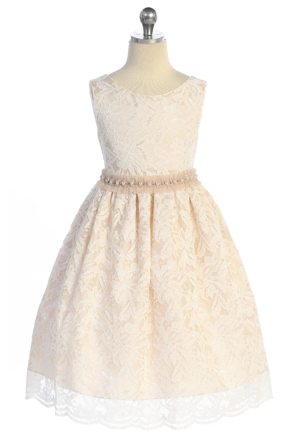 All Lace Girls Plus Size Dress with V Back & Bow and Mesh Pearl Trim