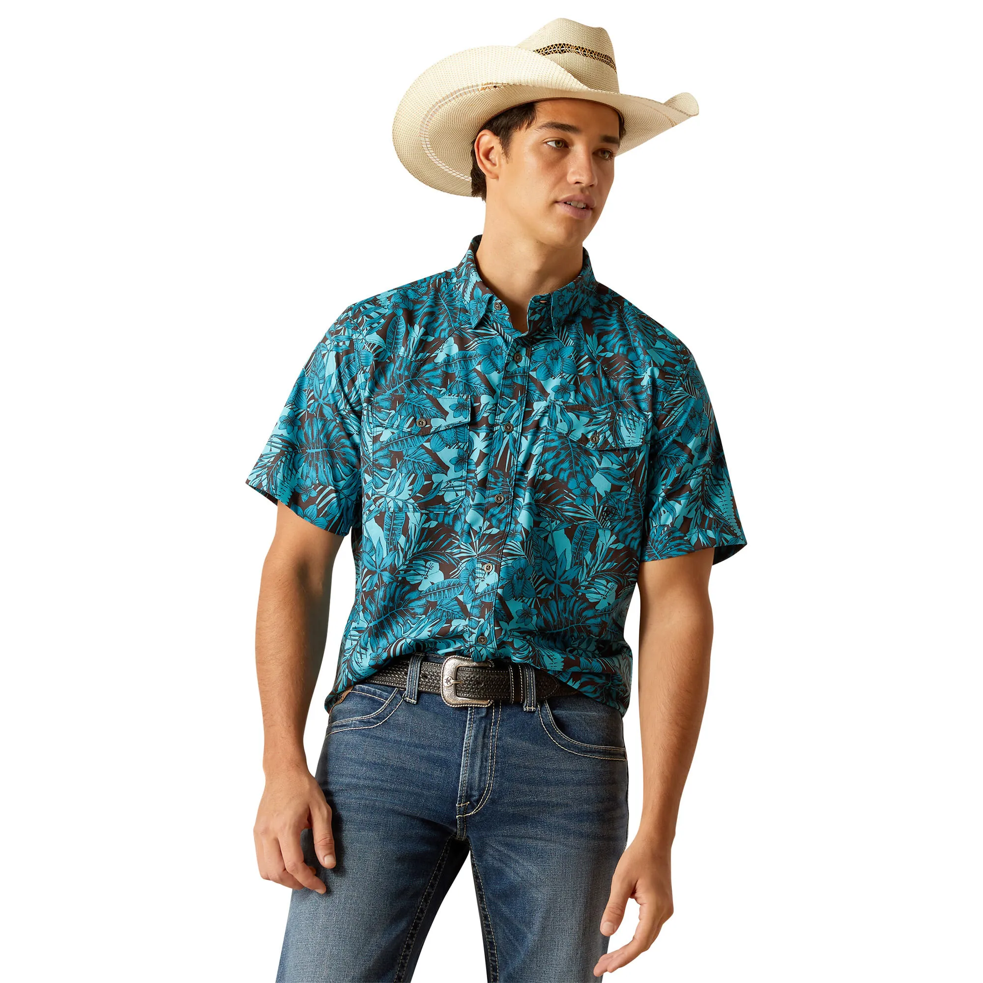 Ariat Mens Turquoise Black VentTEK Western Fitted Short Sleeve Shirt