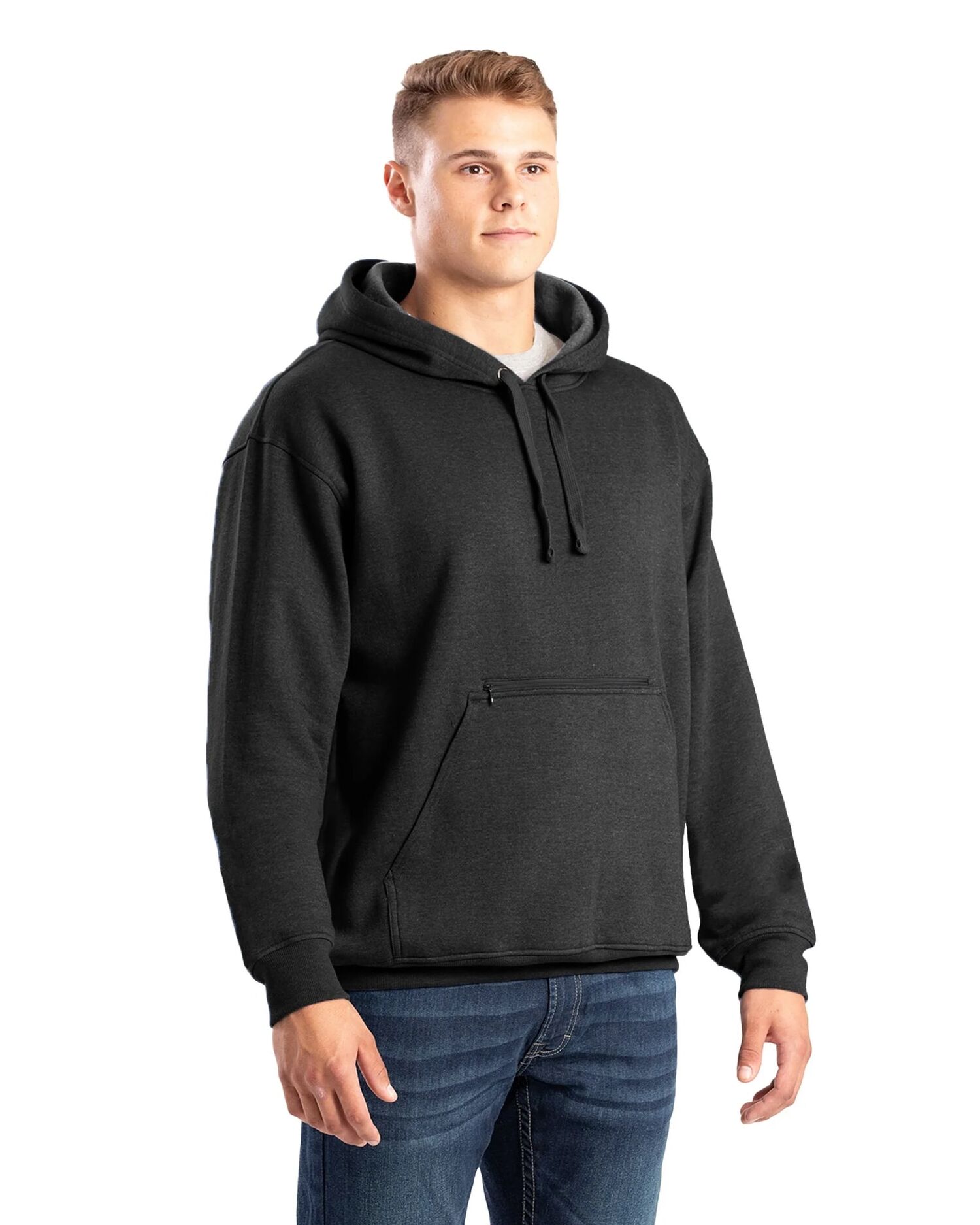 Berne Men's Zippered Pocket Hooded Pullover Sweatshirt in Black