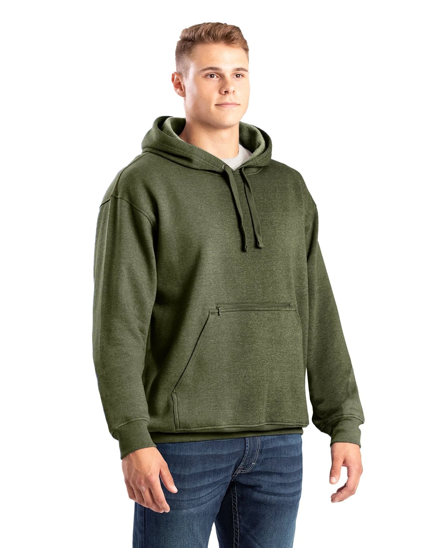 Berne Men's Zippered Pocket Hooded Pullover Sweatshirt in Cedar Green