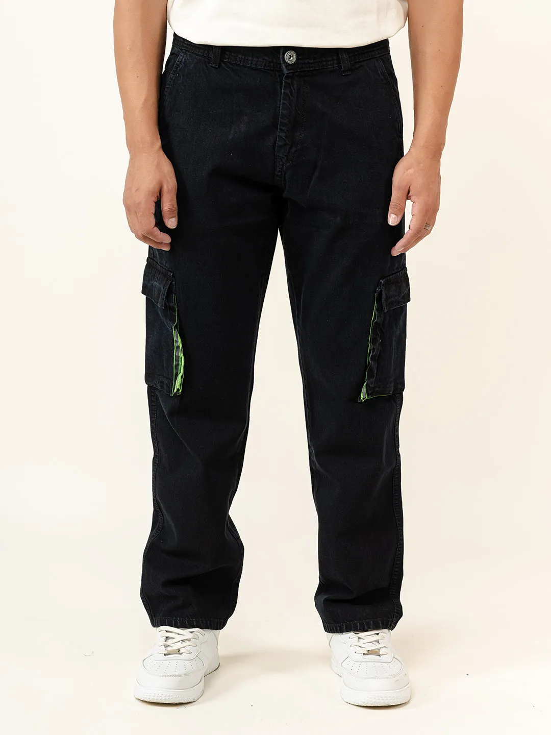 Black Straight Fit Denim Cargo Men's Jeans