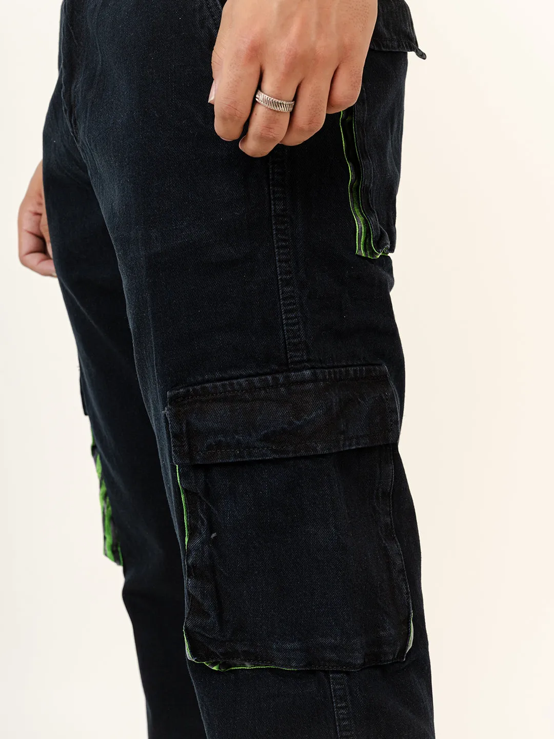 Black Straight Fit Denim Cargo Men's Jeans