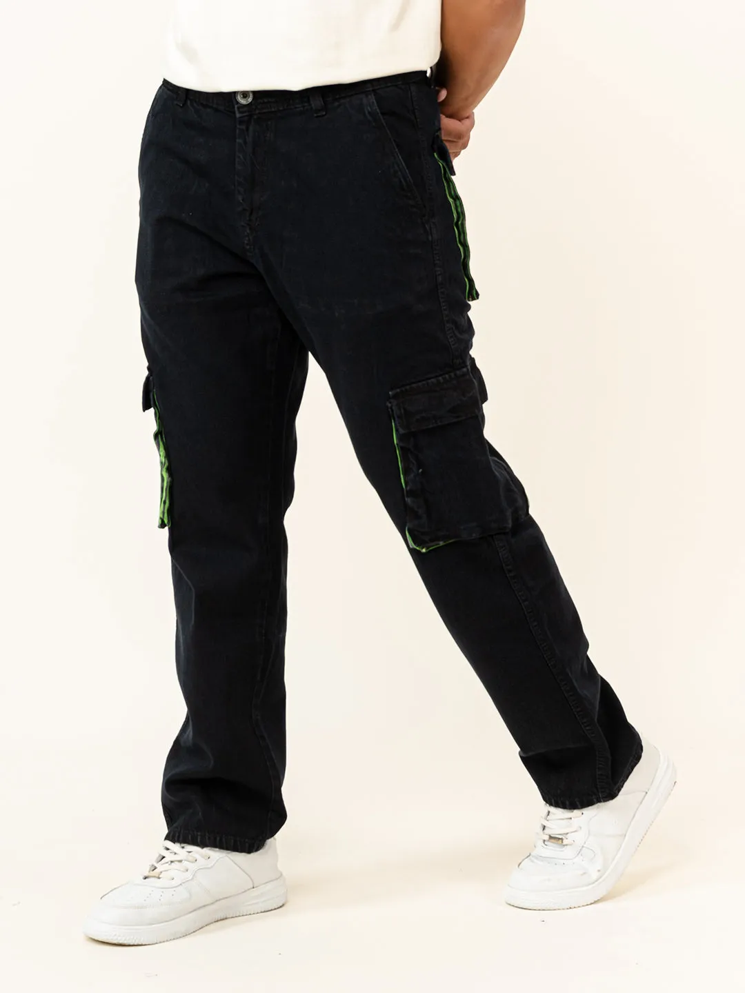 Black Straight Fit Denim Cargo Men's Jeans