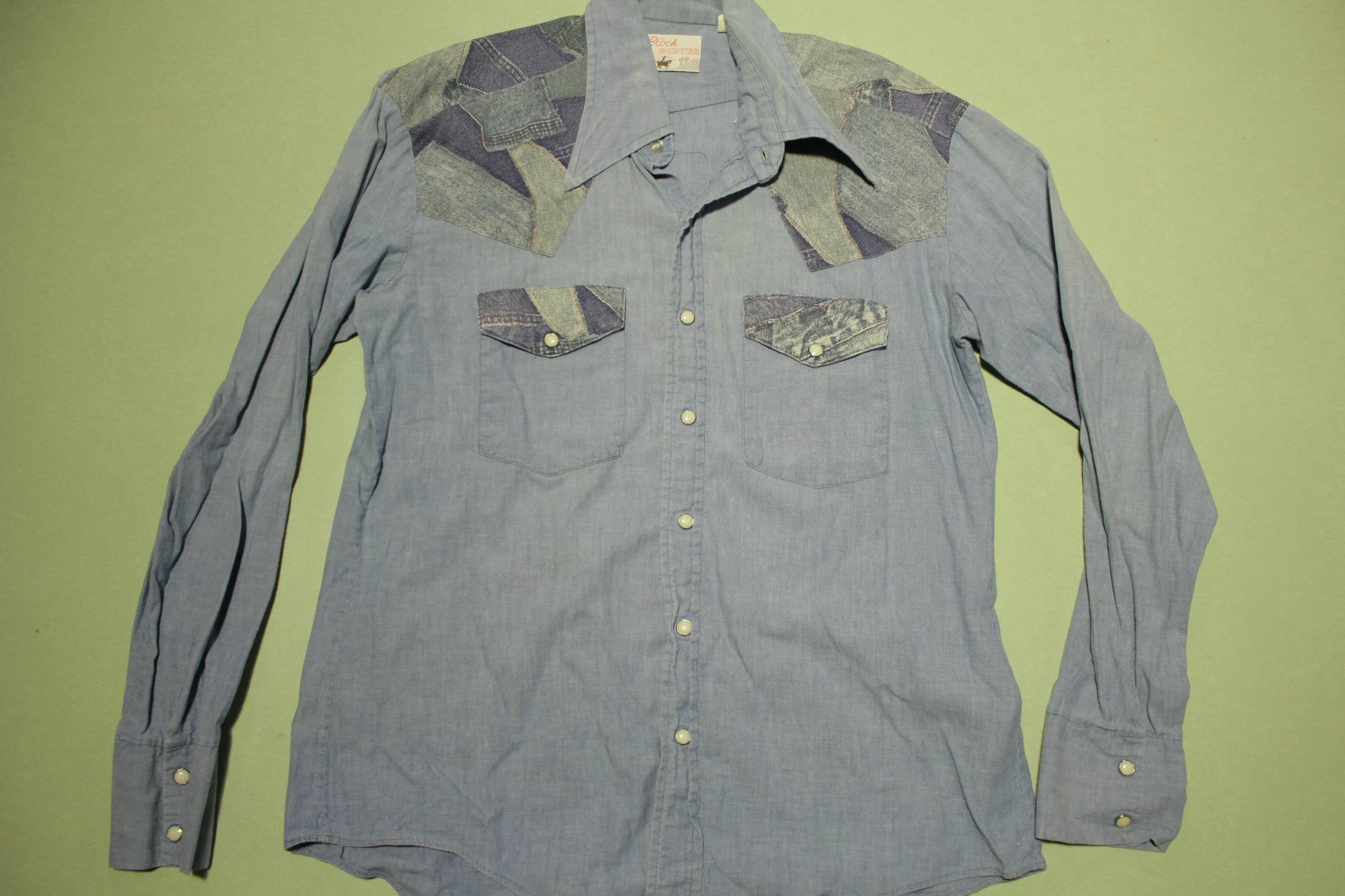 Block Buster Vintage Pearl Snap Western Denim Patchwork Chambray 70's Button Up Shirt