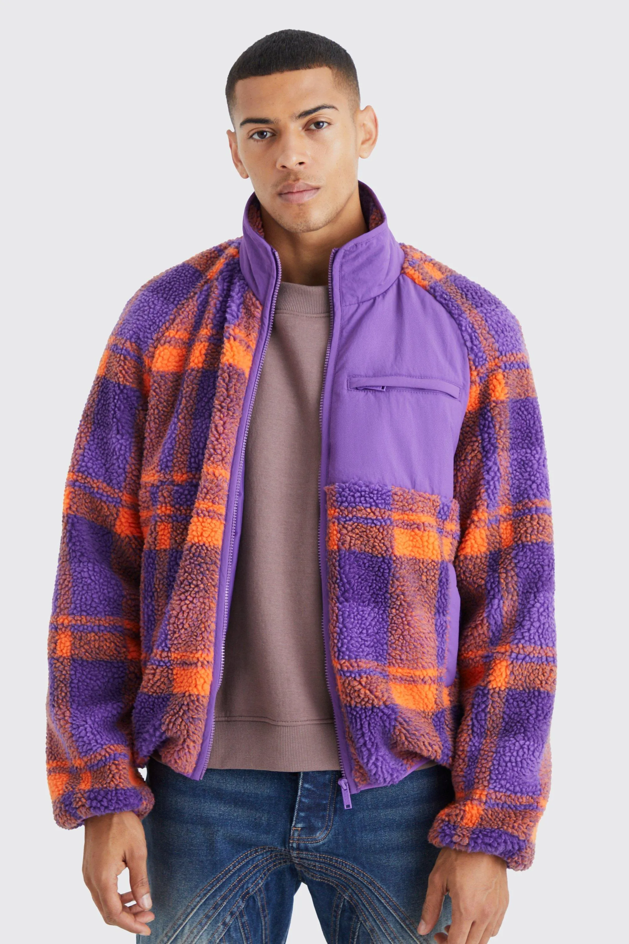 Borg Check Print Jacket With Nylon Panel