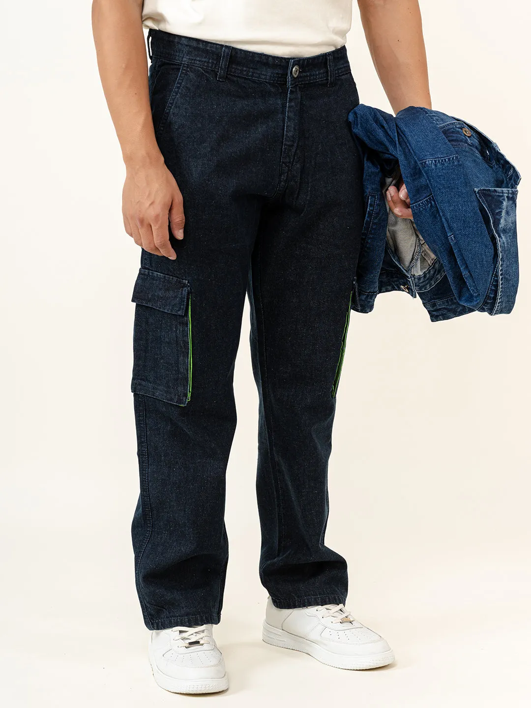 Dark Blue Straight Fit Denim Cargo Men's Jeans