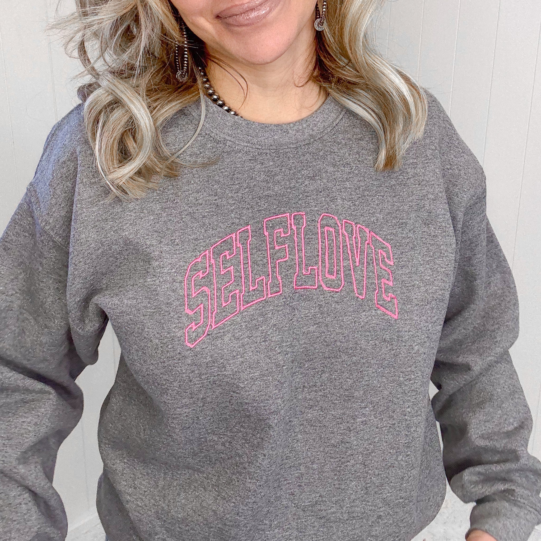 Embroidered in Pink Self Love Grey Sweatshirt