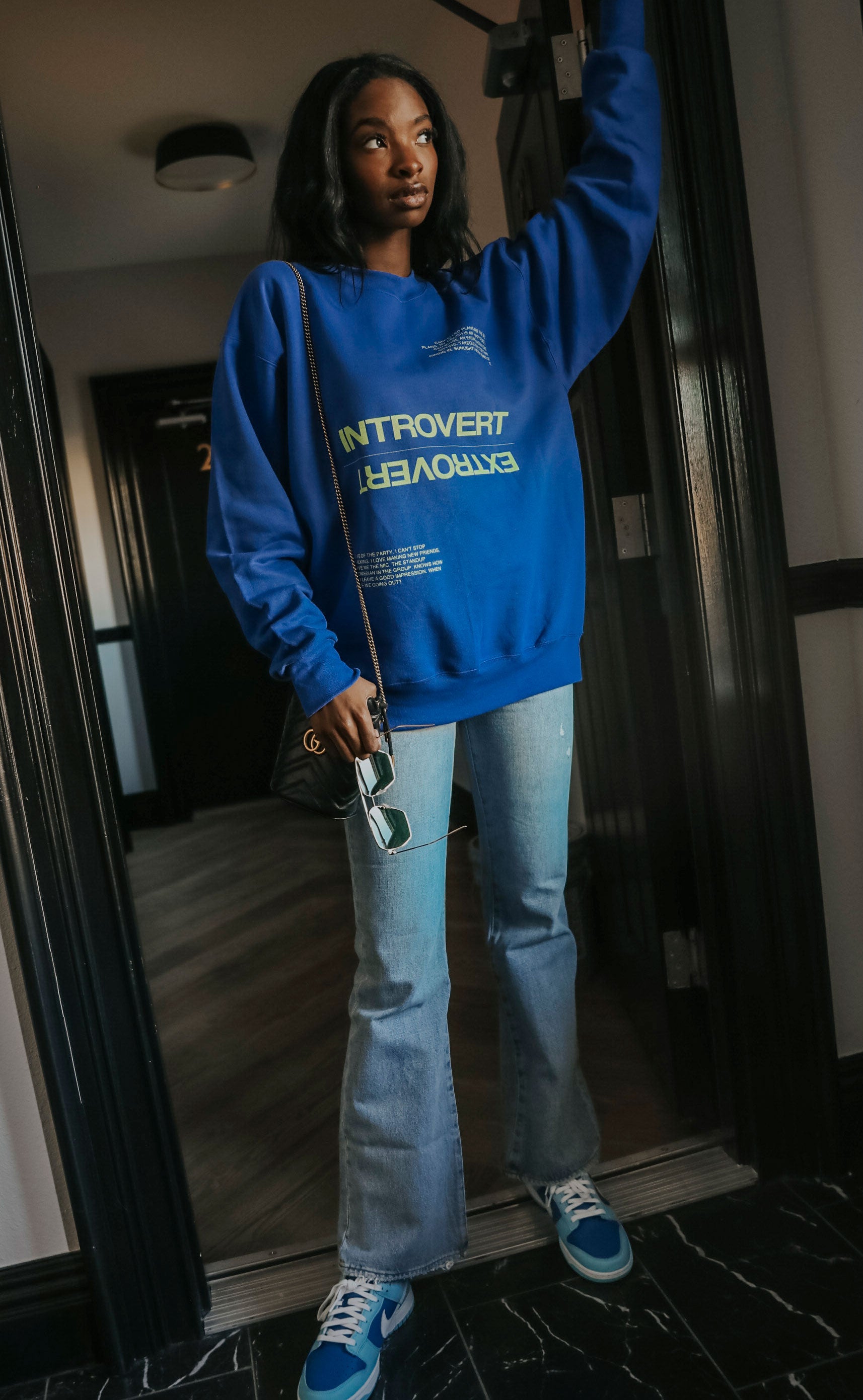 friday + saturday: introvert/extrovert sweatshirt - blue