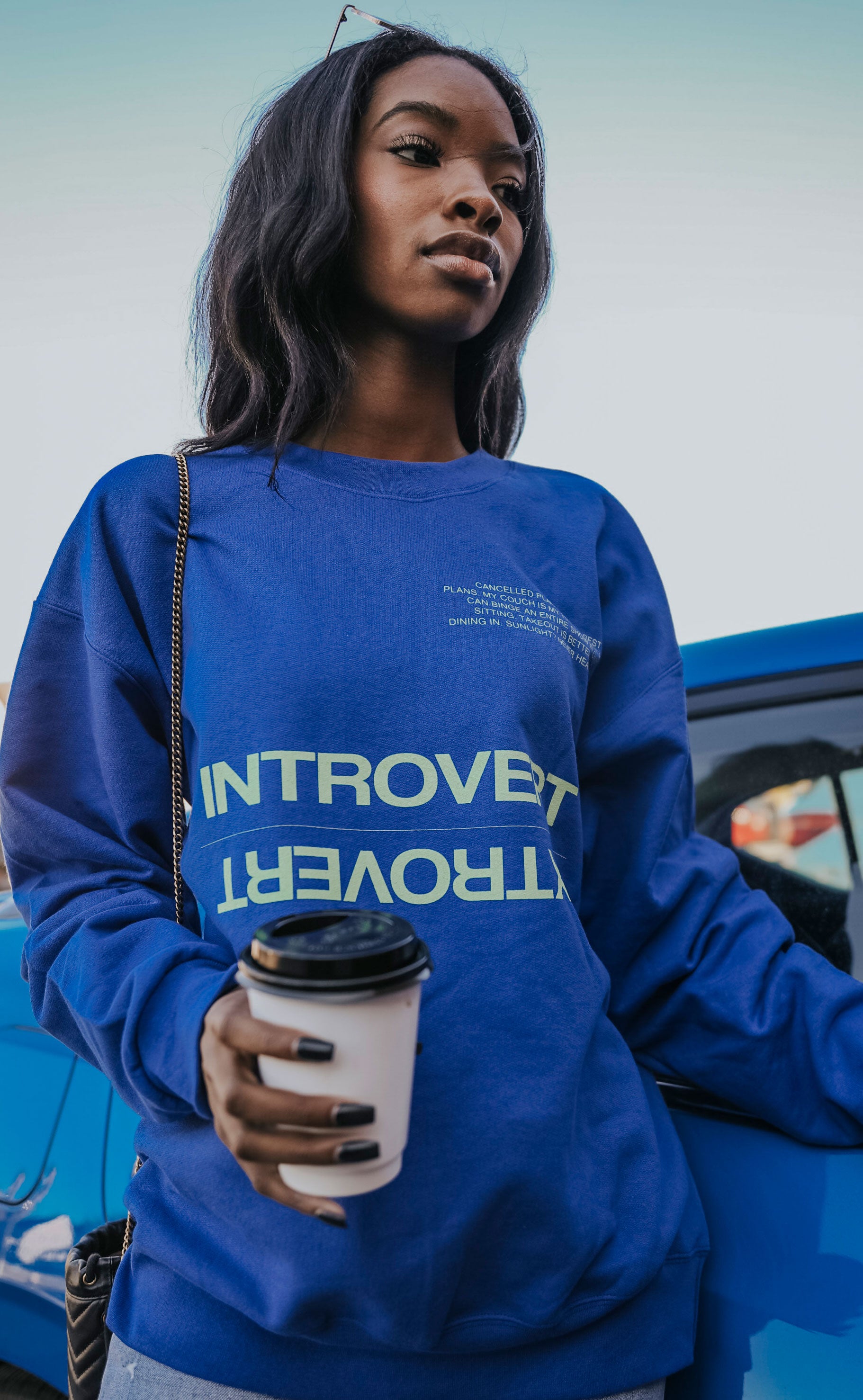 friday + saturday: introvert/extrovert sweatshirt - blue