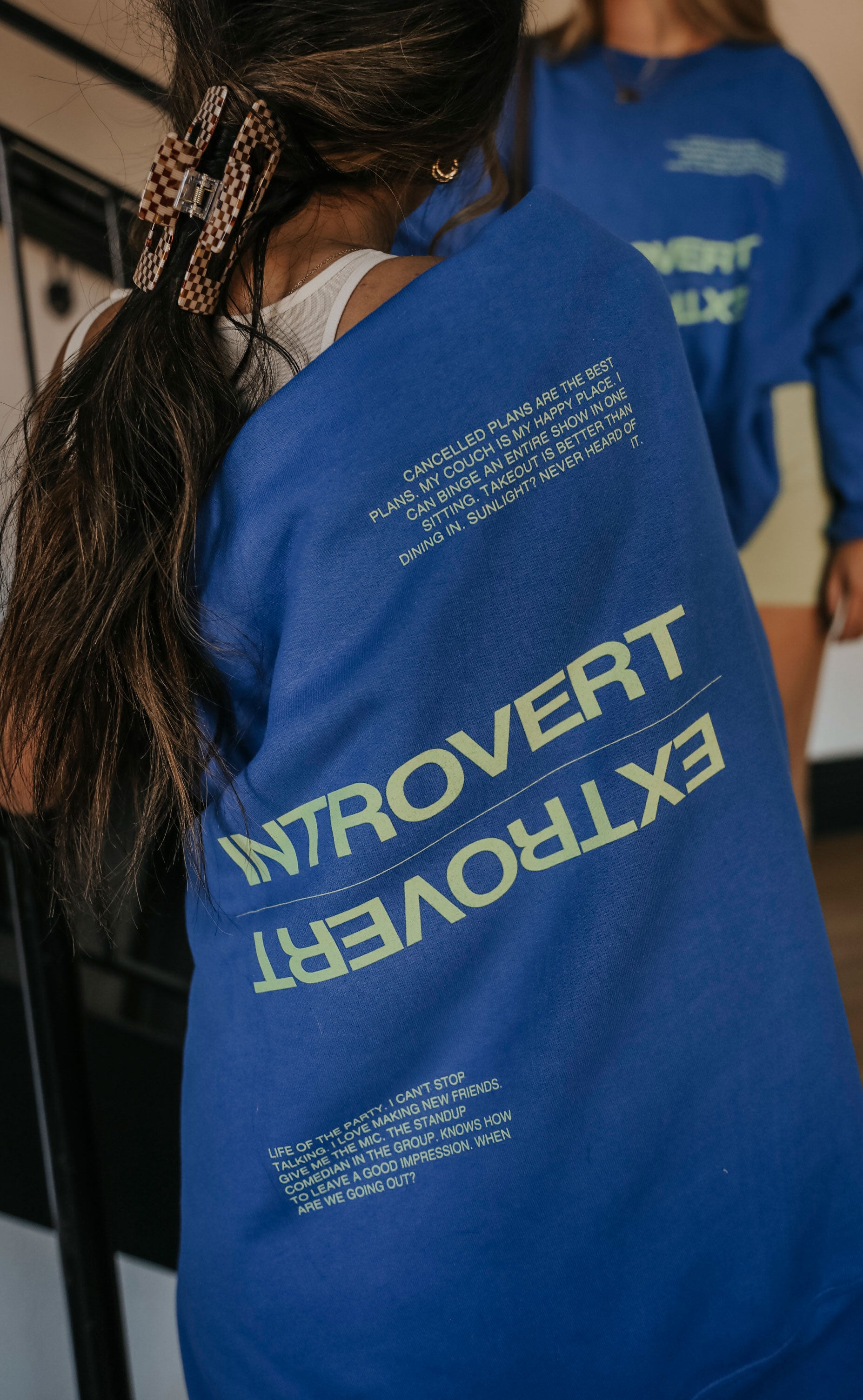 friday + saturday: introvert/extrovert sweatshirt - blue