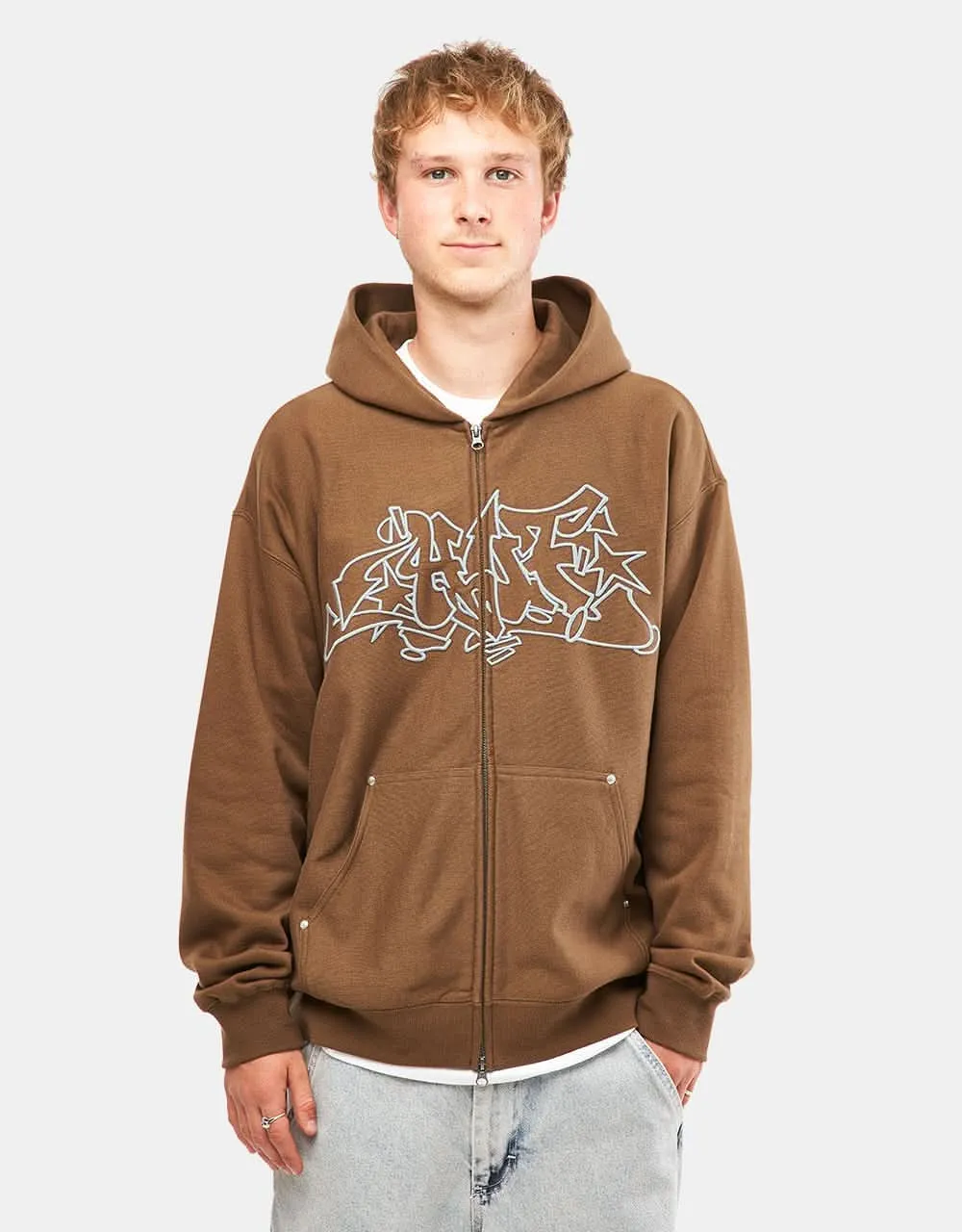 HUF Outlines Heavy Weight Full Zip Fleece Hoodie - Brown