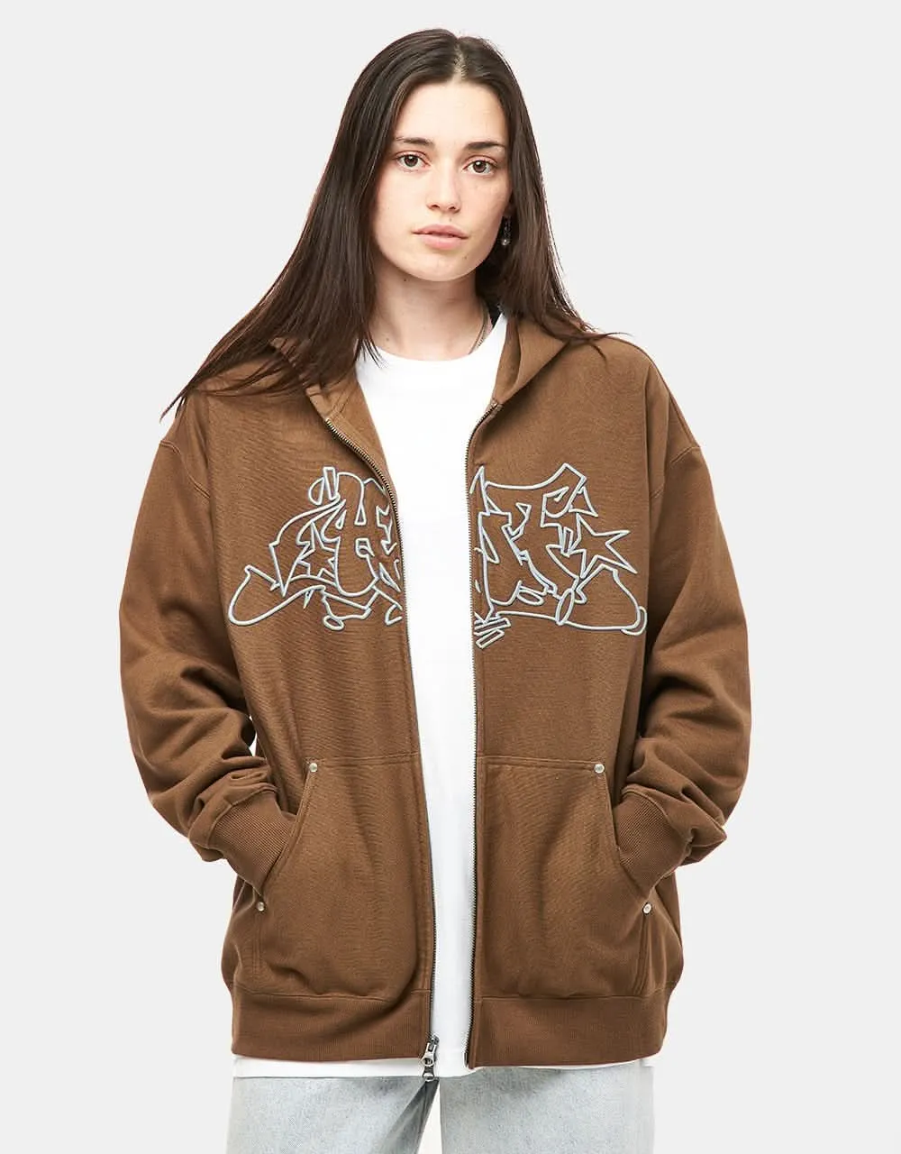 HUF Outlines Heavy Weight Full Zip Fleece Hoodie - Brown