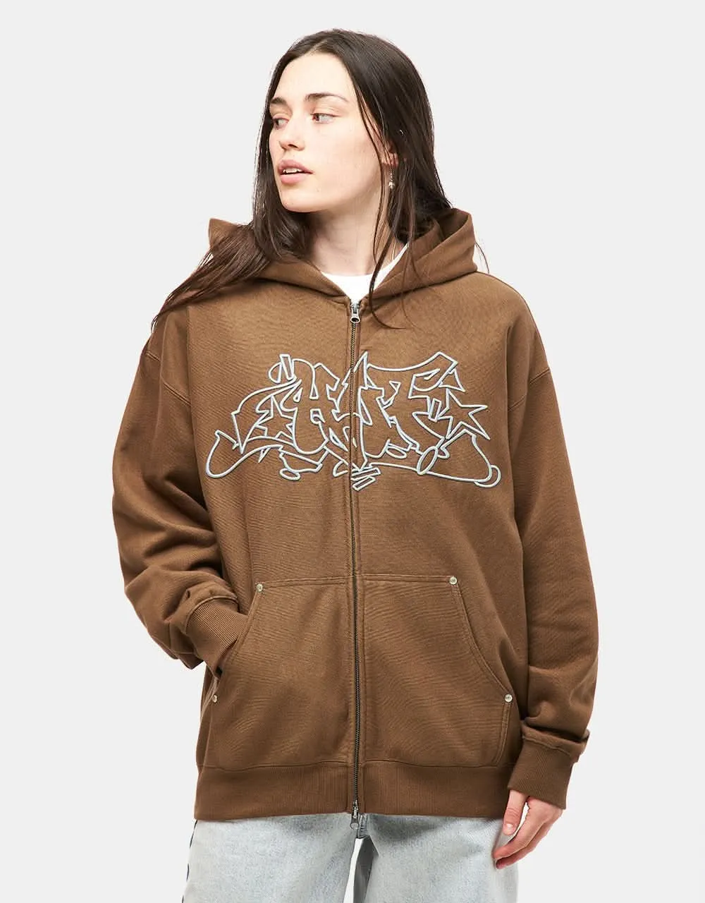 HUF Outlines Heavy Weight Full Zip Fleece Hoodie - Brown