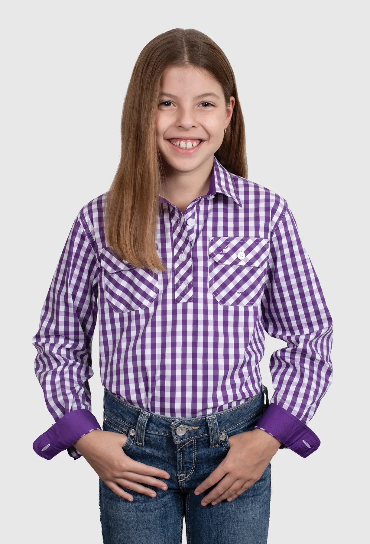 Just Country Girl's Harper 1/2 Button Shirt - Purple Check