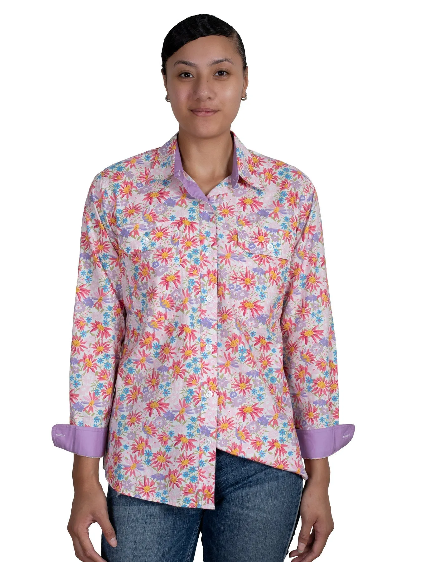 Just Country Women's Abbey Frills Full Button Work Shirt - White Wildflowers