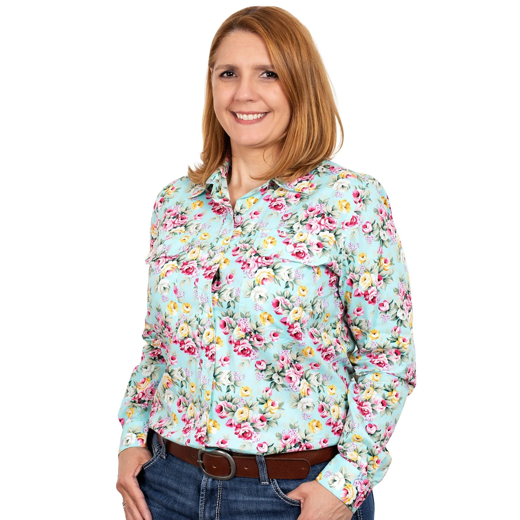 Just Country Women's Abbey Full Button - Mint Peonies