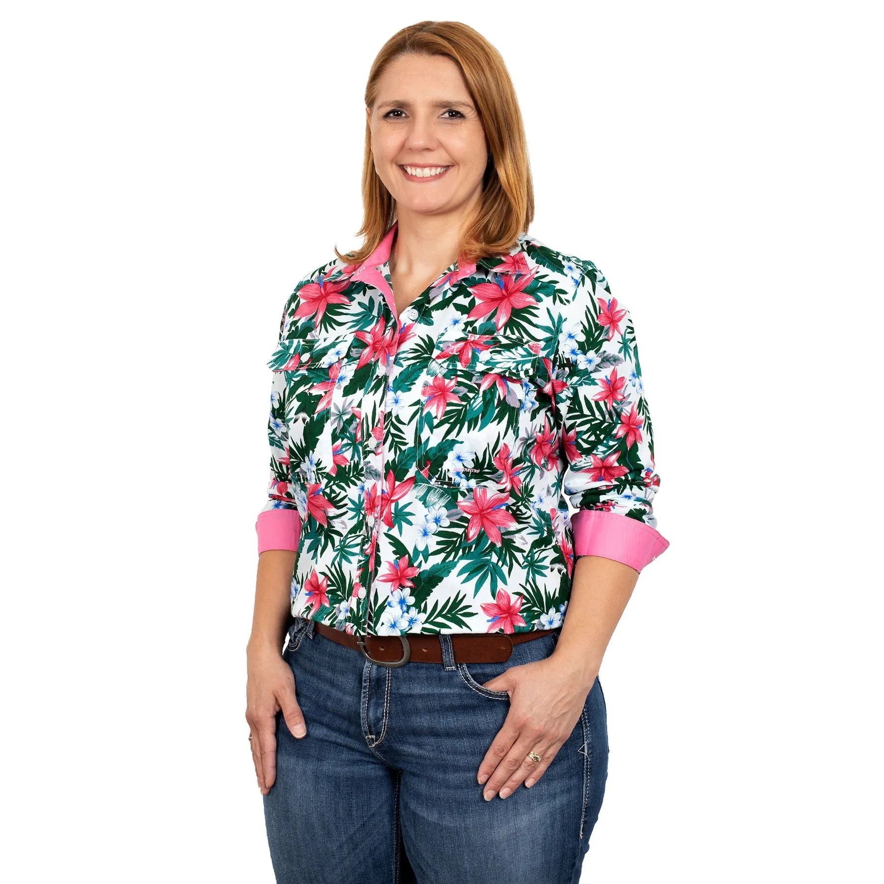 Just Country Women's Abbey Full Button - White Hibiscus