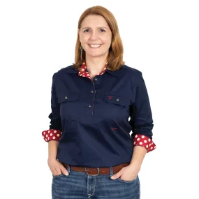 Just Country Women's Jahna Trim Half Button - Navy Crimson Spot