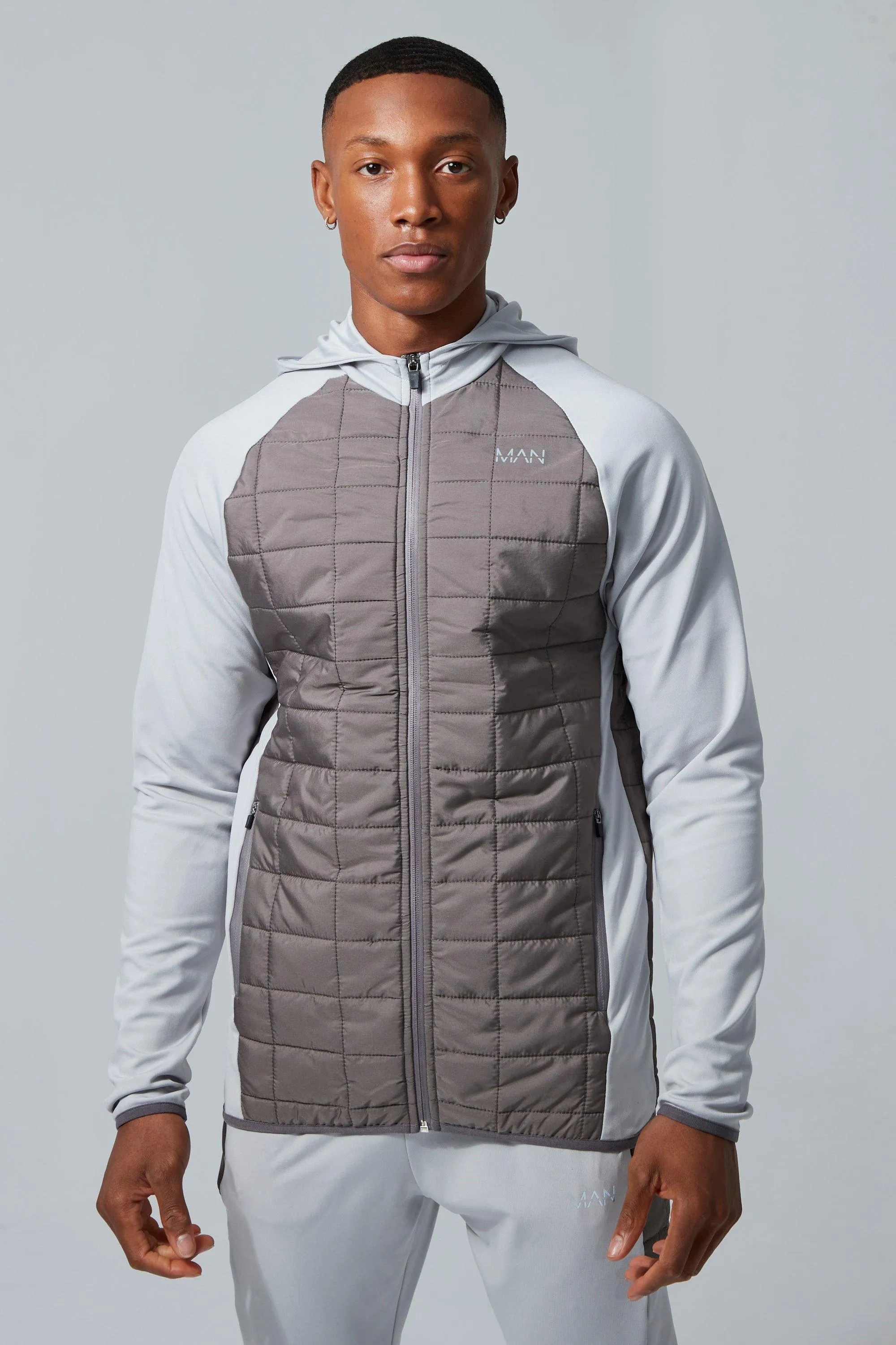Man Active Grid Quilted Hybrid Hoodie | boohooMAN UK