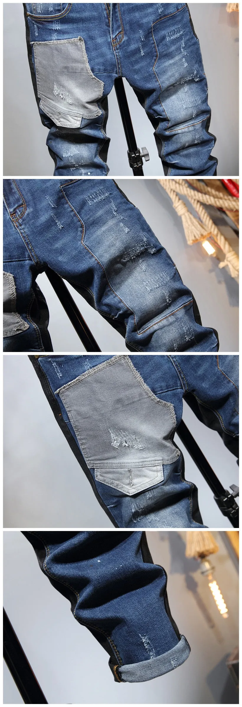 Men's Casual Style Patchwork Pattern Mid Waist Slim Fit Skinny Jeans