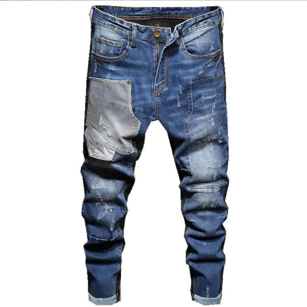 Men's Casual Style Patchwork Pattern Mid Waist Slim Fit Skinny Jeans