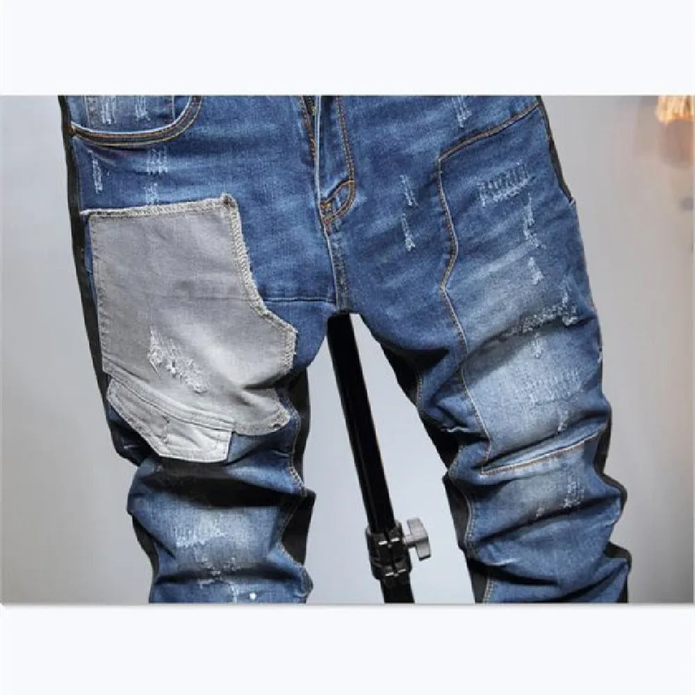 Men's Casual Style Patchwork Pattern Mid Waist Slim Fit Skinny Jeans