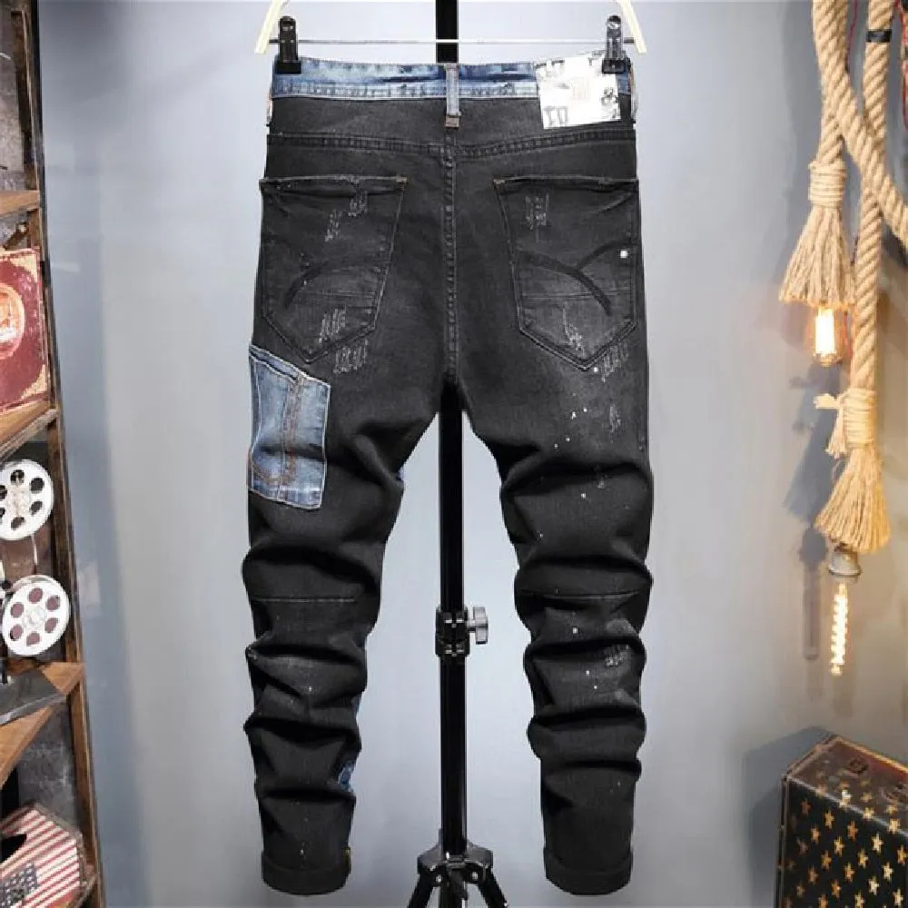 Men's Casual Style Patchwork Pattern Mid Waist Slim Fit Skinny Jeans