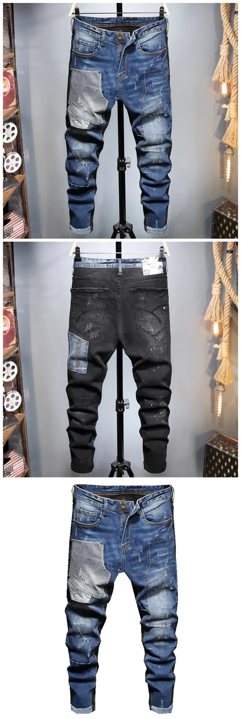 Men's Casual Style Patchwork Pattern Mid Waist Slim Fit Skinny Jeans