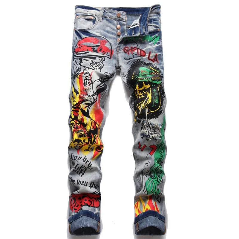 Men's Character Skull Flame Painted Buttons Fly Stretch Streetwear Jeans