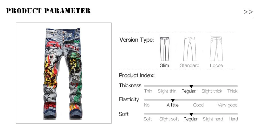 Men's Character Skull Flame Painted Buttons Fly Stretch Streetwear Jeans