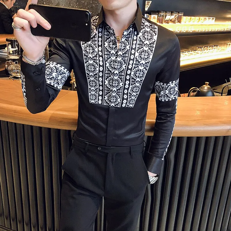 Men's Fashion Casual Slim British Style Printed Pattern Long Sleeve Shirt