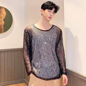 Men's Punk Gothic Sexy Sequin Shining Transparent Hip Hop T-Shirt