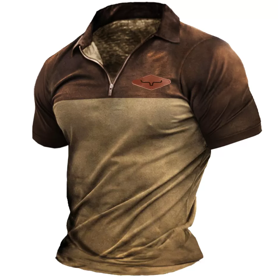 Men's Retro Western Yellowstone Contrast Zip Lapel T-shirt