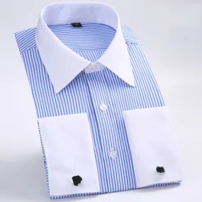 Men's Striped Long Sleeve Classic French Cuffs Single Patch Pocket Shirt