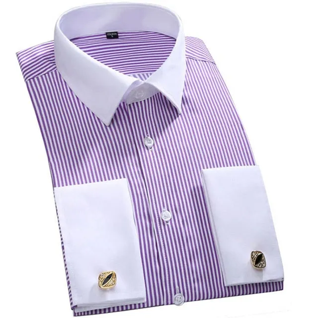 Men's Striped Long Sleeve Classic French Cuffs Single Patch Pocket Shirt