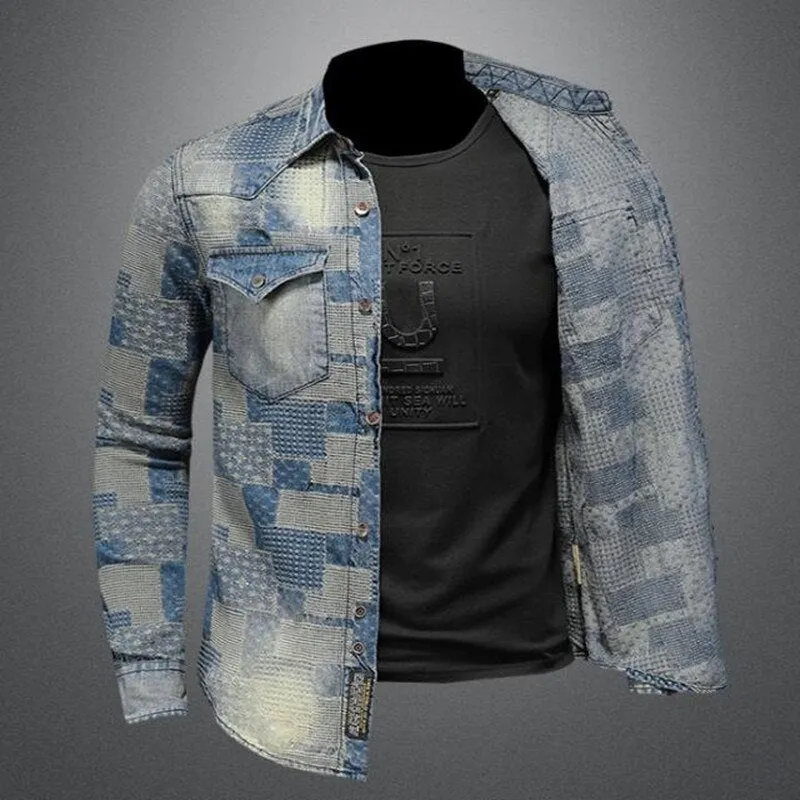 Men's Vintage Punk Style Personality Patchwork Long Sleeve Denim Shirt