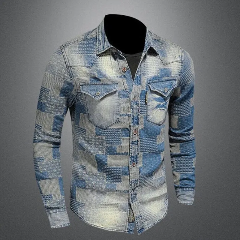 Men's Vintage Punk Style Personality Patchwork Long Sleeve Denim Shirt