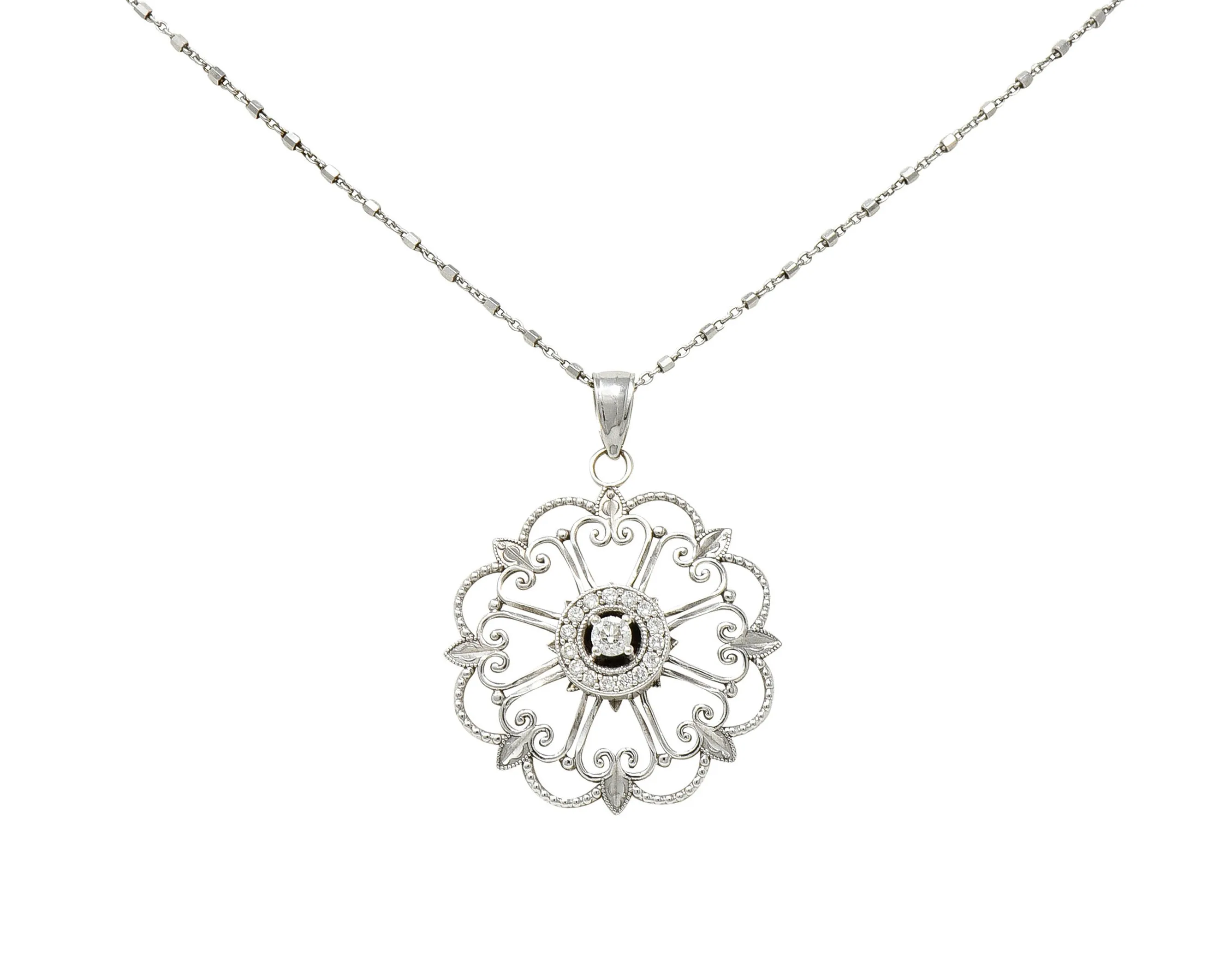 Modern Diamond 14 Karat White Gold Floral Mandala Pendant Necklace