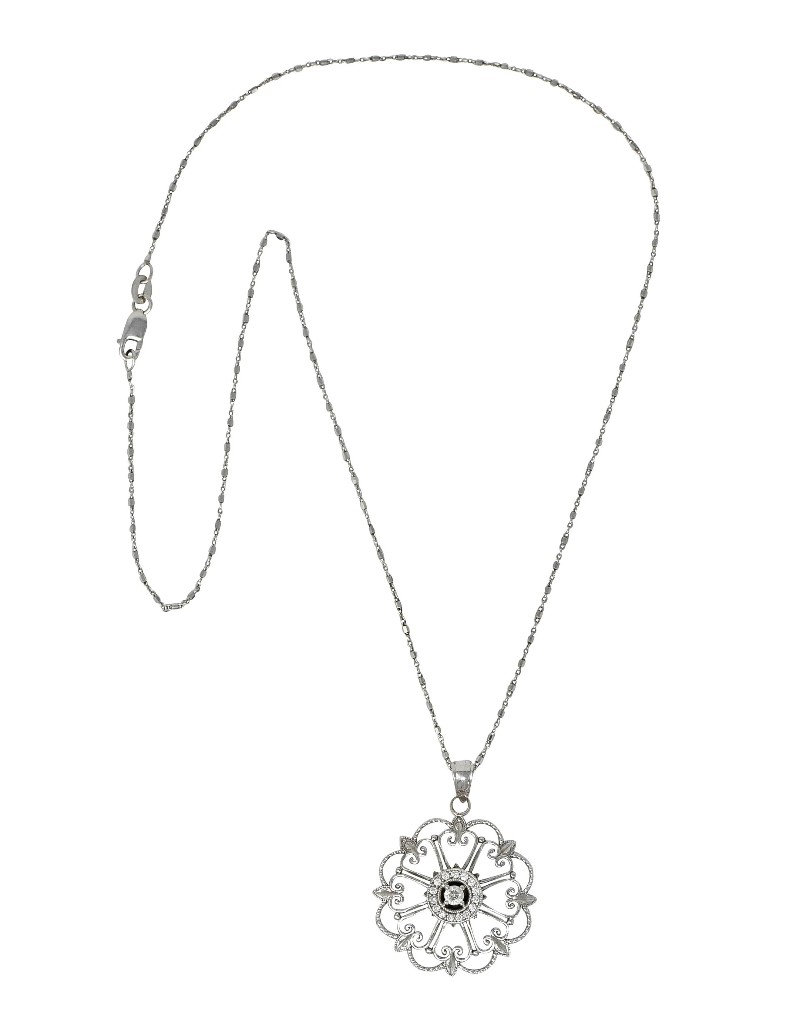 Modern Diamond 14 Karat White Gold Floral Mandala Pendant Necklace