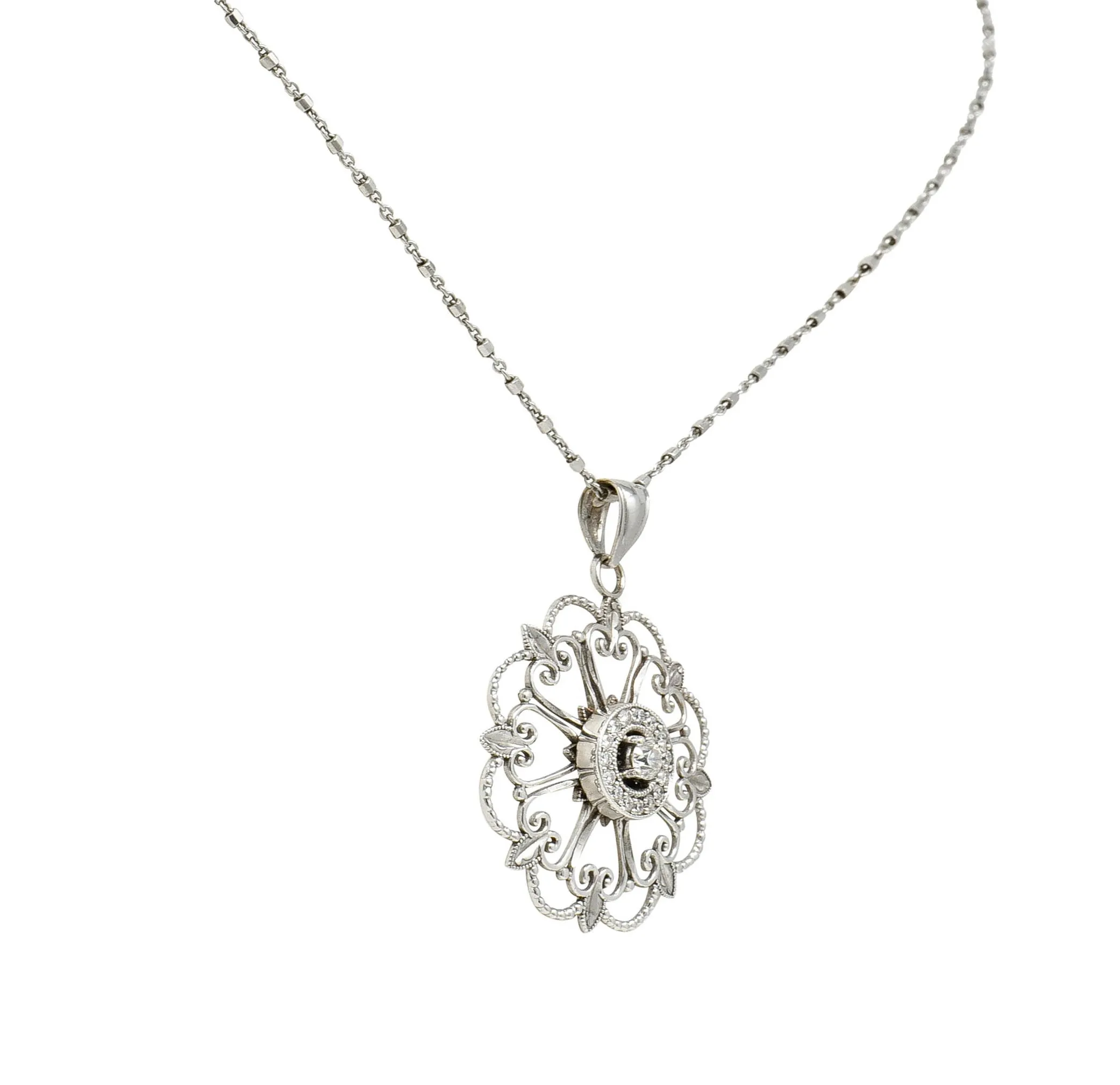 Modern Diamond 14 Karat White Gold Floral Mandala Pendant Necklace