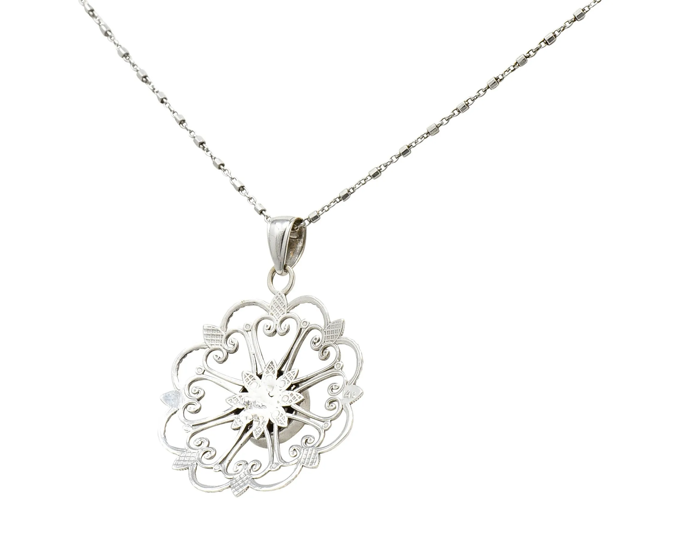 Modern Diamond 14 Karat White Gold Floral Mandala Pendant Necklace