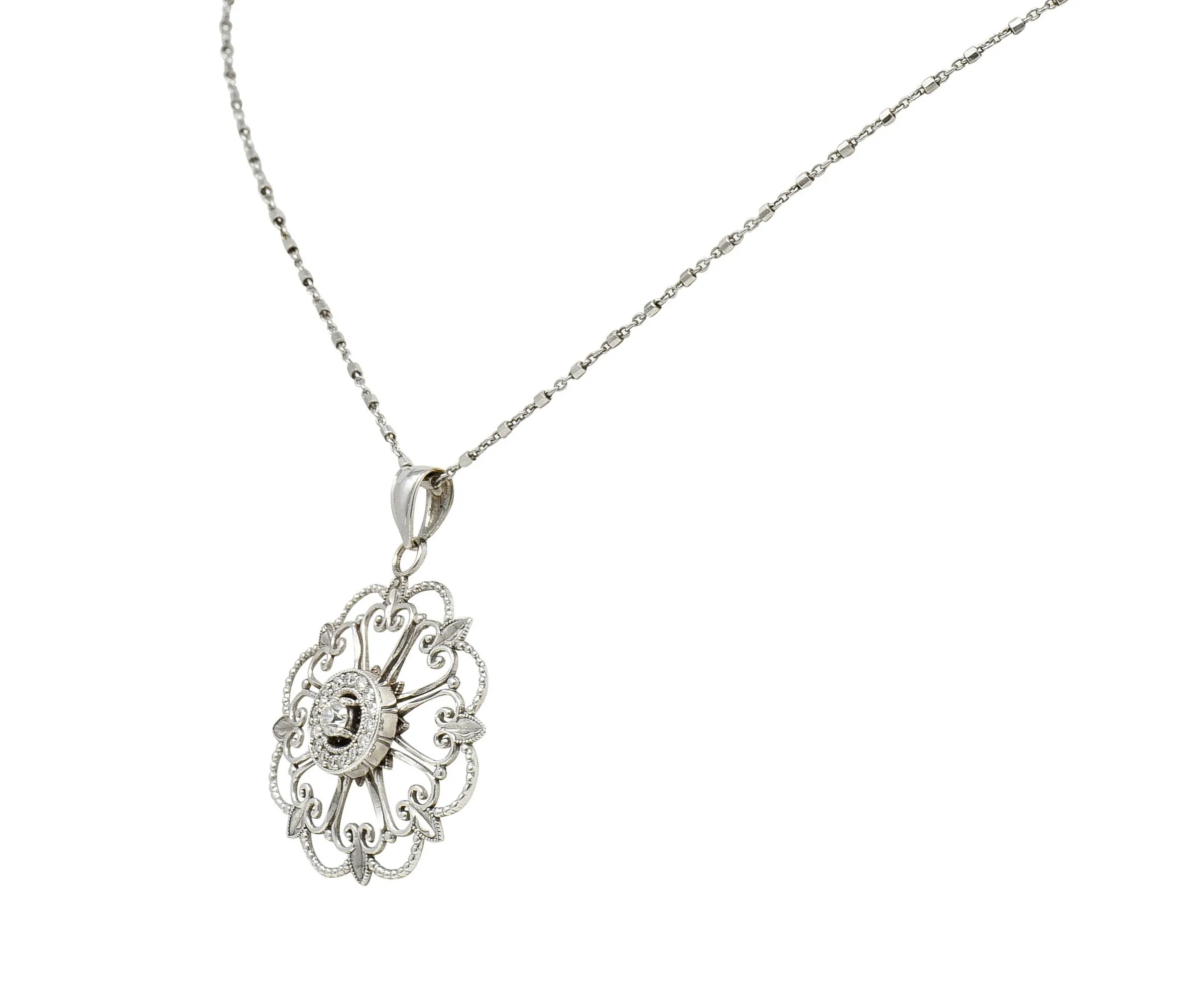 Modern Diamond 14 Karat White Gold Floral Mandala Pendant Necklace