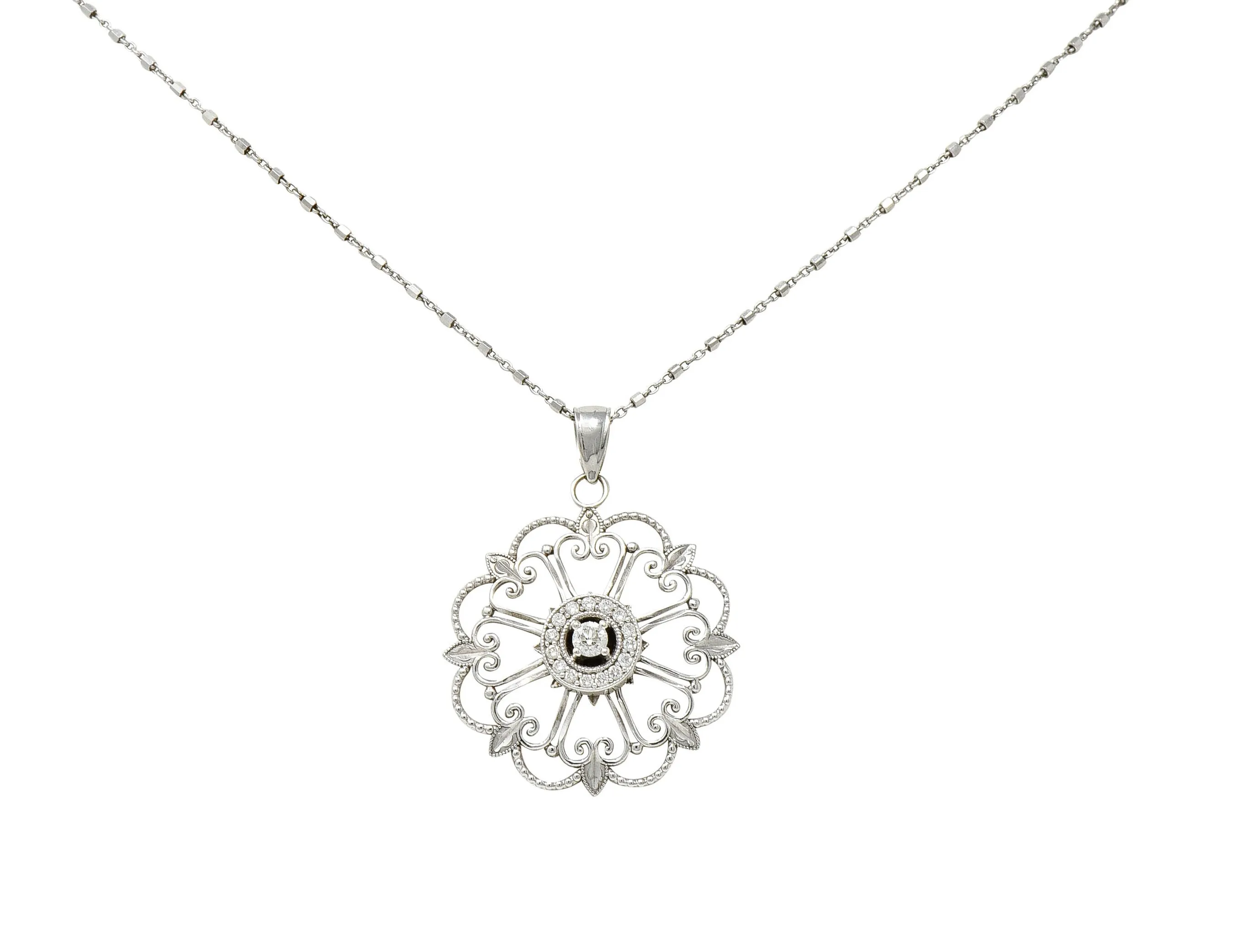 Modern Diamond 14 Karat White Gold Floral Mandala Pendant Necklace