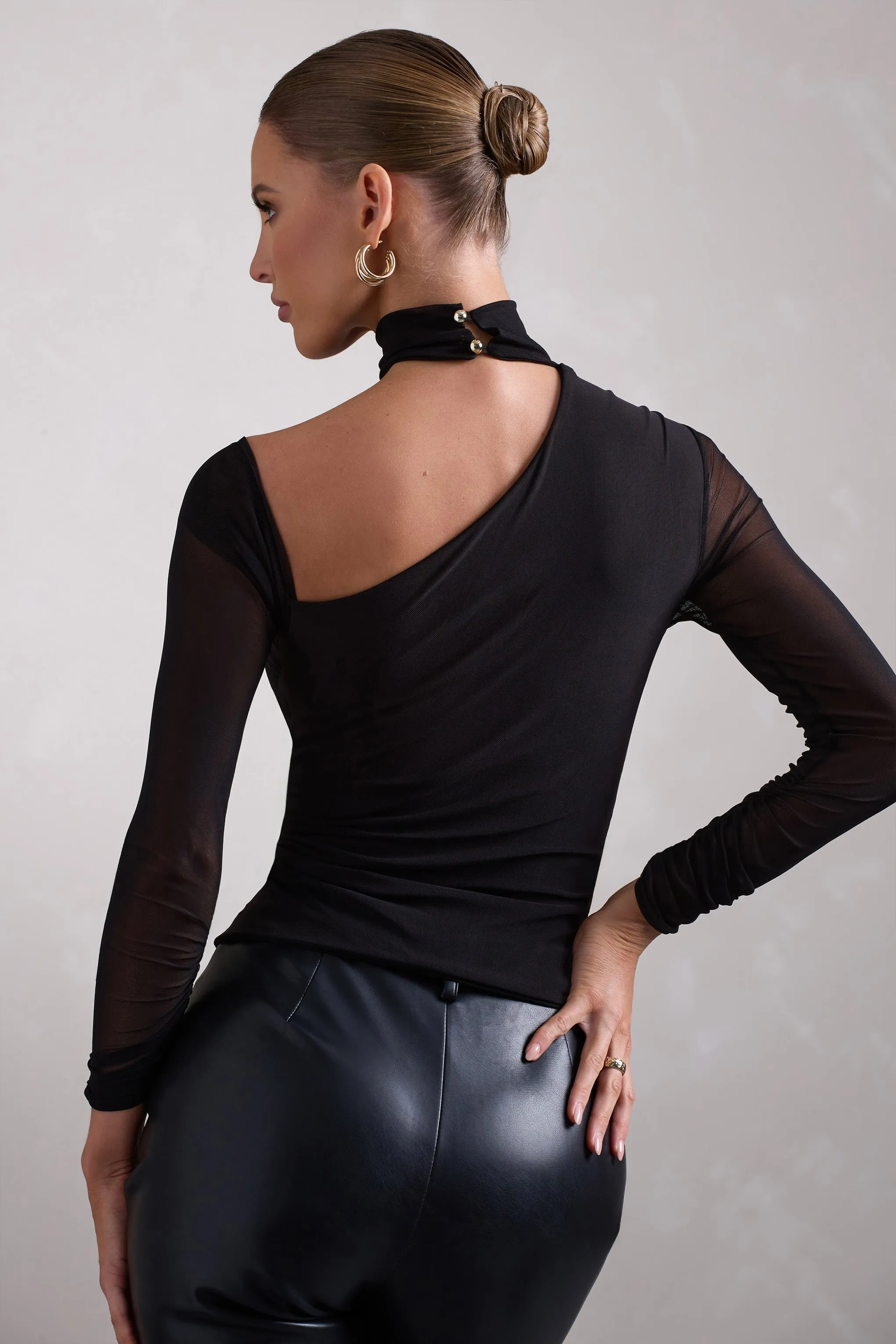 Nicole | Black Ruched Mesh Asymmetric Top With Long Sheer Sleeves