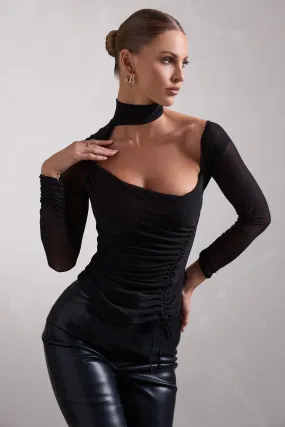 Nicole | Black Ruched Mesh Asymmetric Top With Long Sheer Sleeves