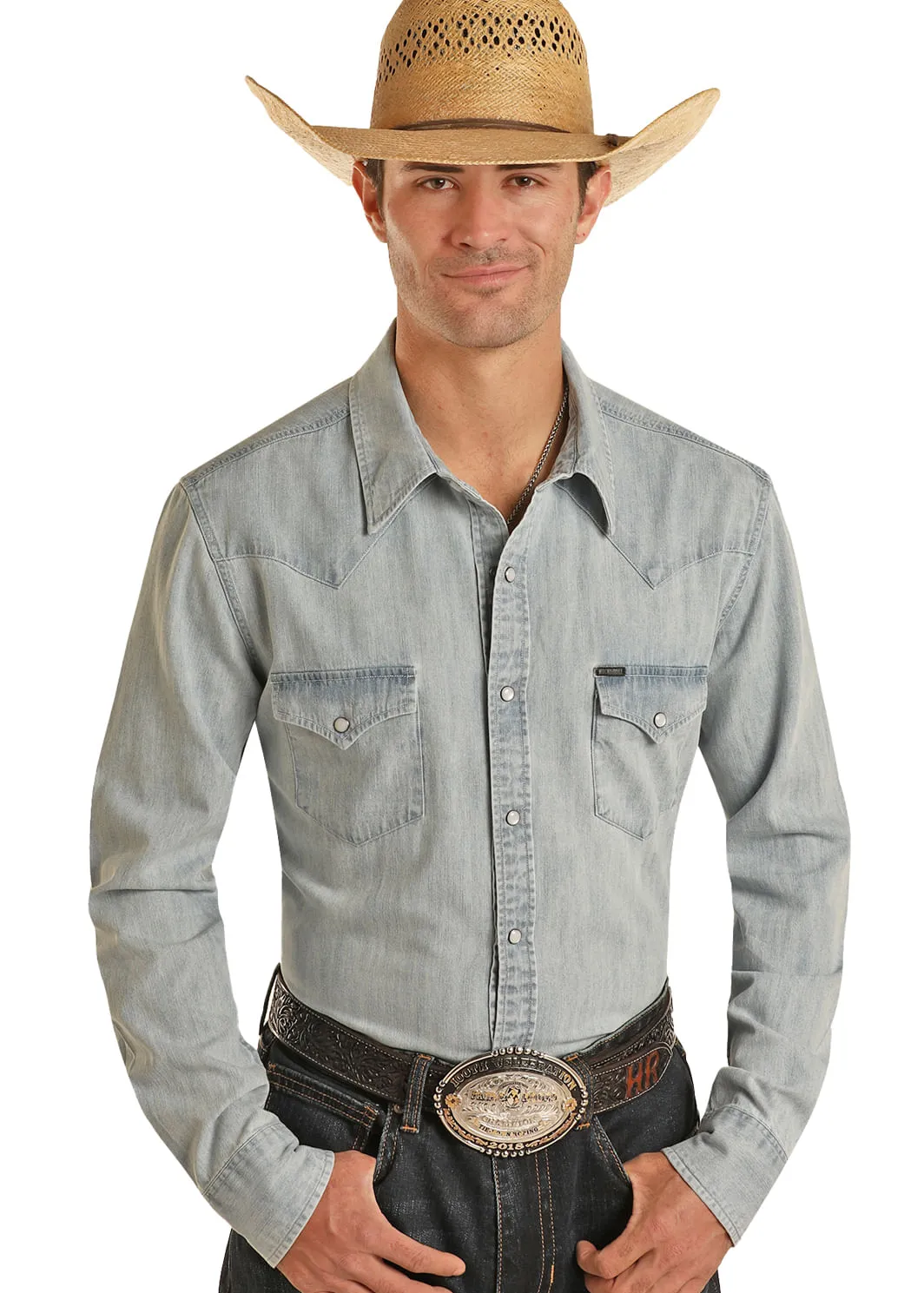 Panhandle Slim Mens Blue Denim Western Long Sleeve Shirt