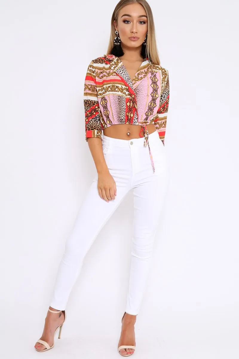 Pink Scarf Print Plunge Crop Top - Dorie